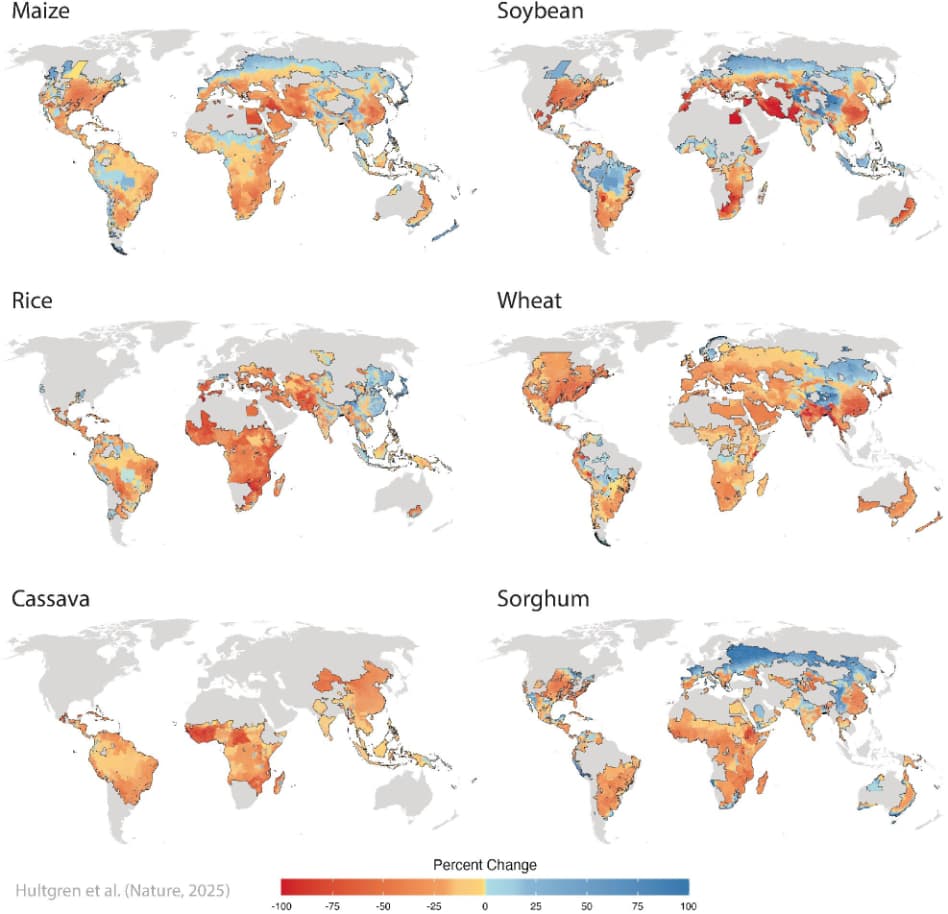 End-of-century global damage function describing calories (kcal) lost as a function of global mean surface temperature changes (ΔGMST), including gains from CO2 fertilization. Grey bands indicate 10th–90th and 25th–75th quantile ranges bands. Simplified version of Figure 3D from the main article. 